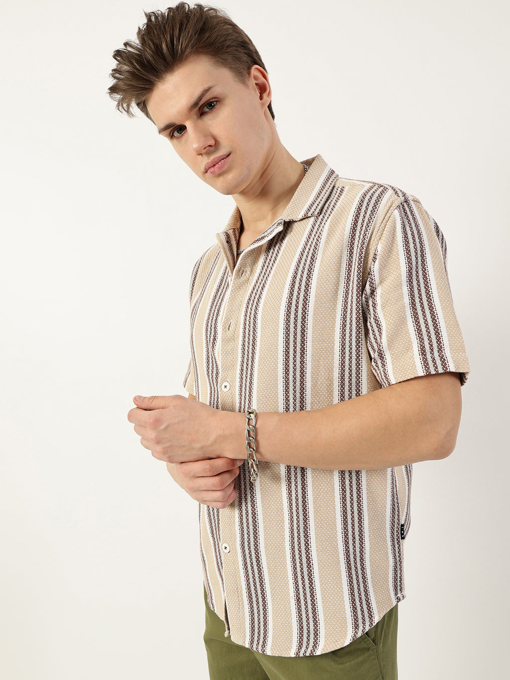 Thomas Scott Men Beige Premium Spread Collar Vertical Striped Cotton Oversized Casual Shirt