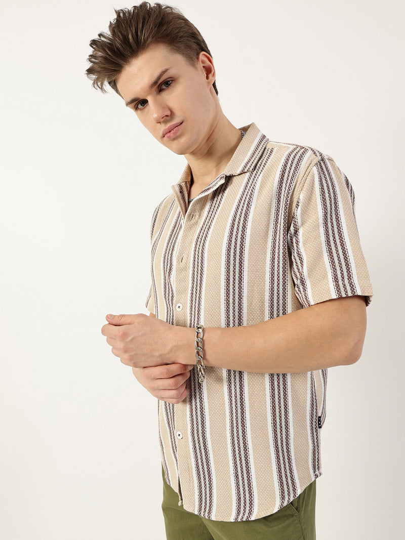 Thomas Scott Men Beige Premium Spread Collar Vertical Striped Cotton Oversized Casual Shirt