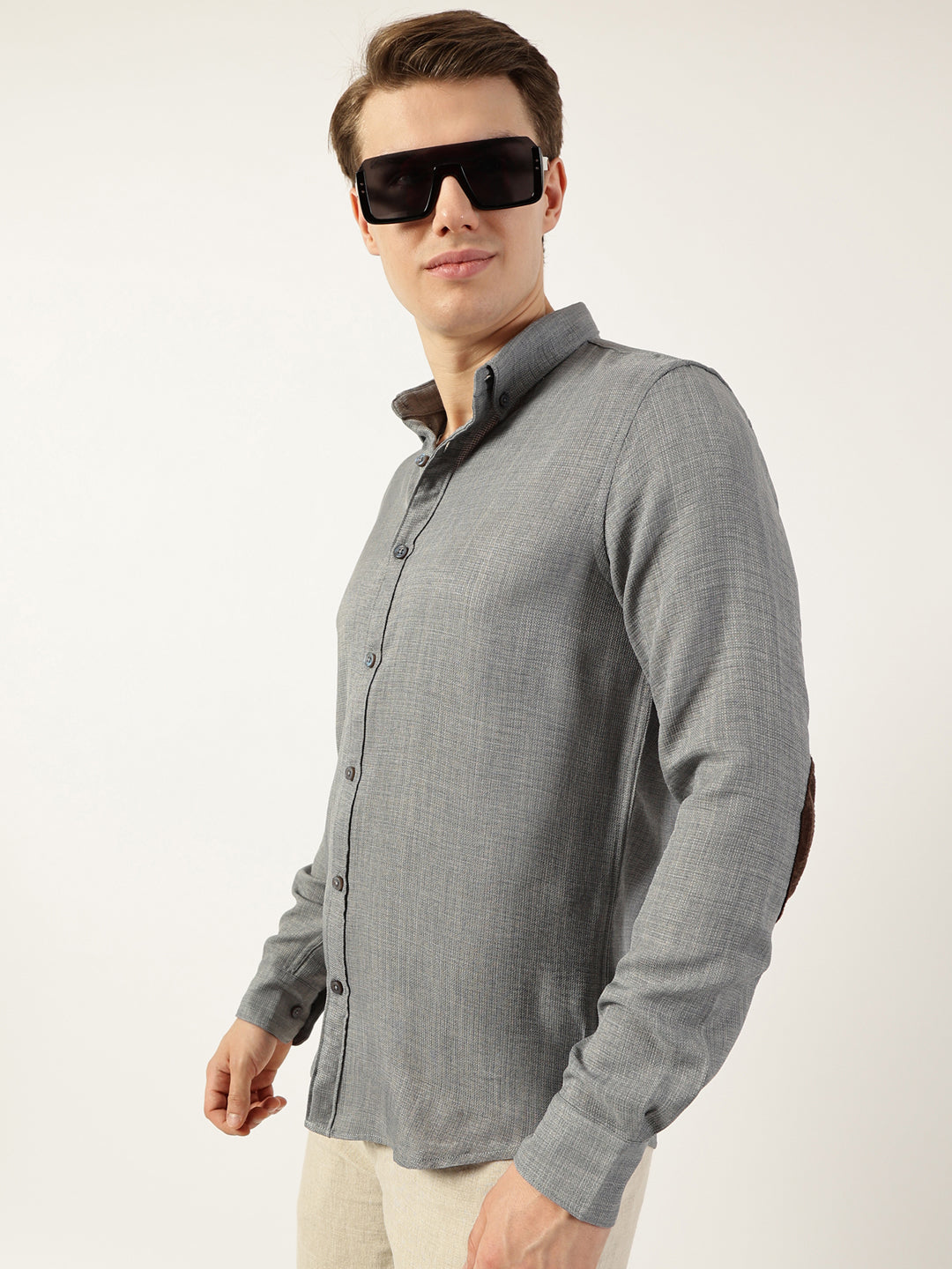 Thomas Scott Men Grey Classic Button-Down Collar Solid Slim Fit Casual Shirt