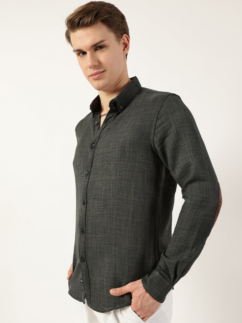 Thomas Scott Men Olive Classic Button-Down Collar Solid Slim Fit Casual Shirt