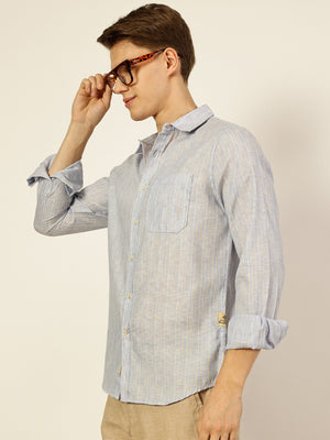 Thomas Scott Men Sky Blue Premium Striped Linen Slim Fit Casual Shirt