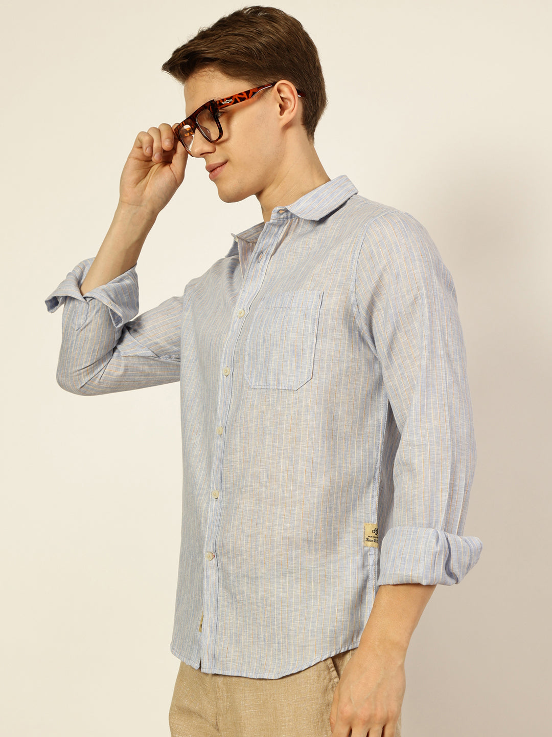 Thomas Scott Men Sky Blue Premium Striped Linen Slim Fit Casual Shirt