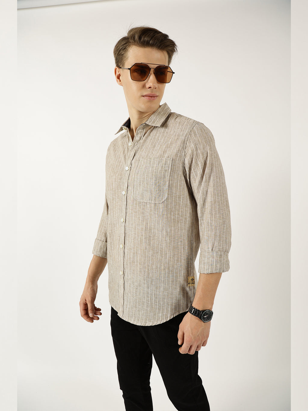 Thomas Scott Men Khaki Classic Slim Fit Opaque Striped Casual Shirt