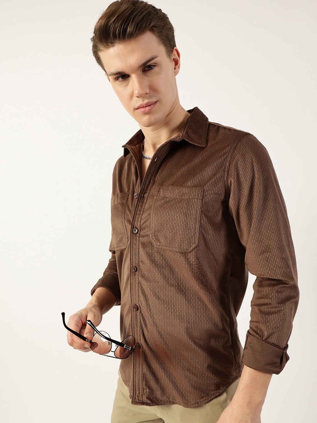 Thomas Scott Men Brown Classic Spread Collar Textured Solid Slim Fit Casual Shirt