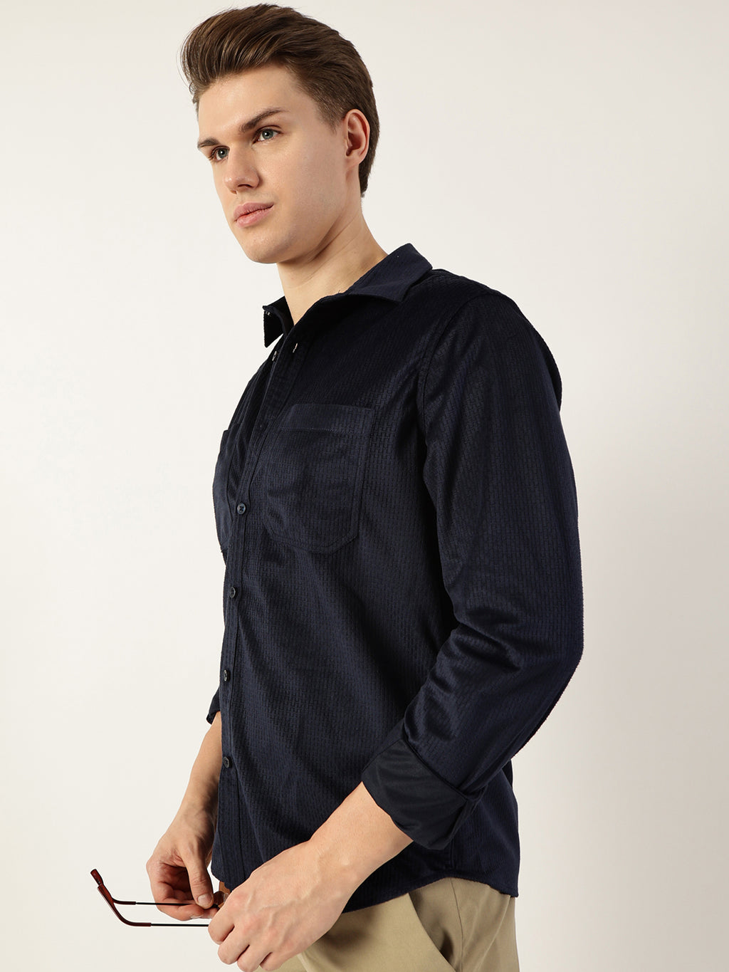 Thomas Scott Men Navy Classic Spread Collar Textured Slim Fit Casual Shirt