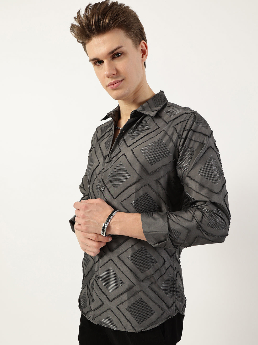 Thomas Scott Men Grey Premium Spread Collar Graphic Printed Slim Fit Casual Shirt