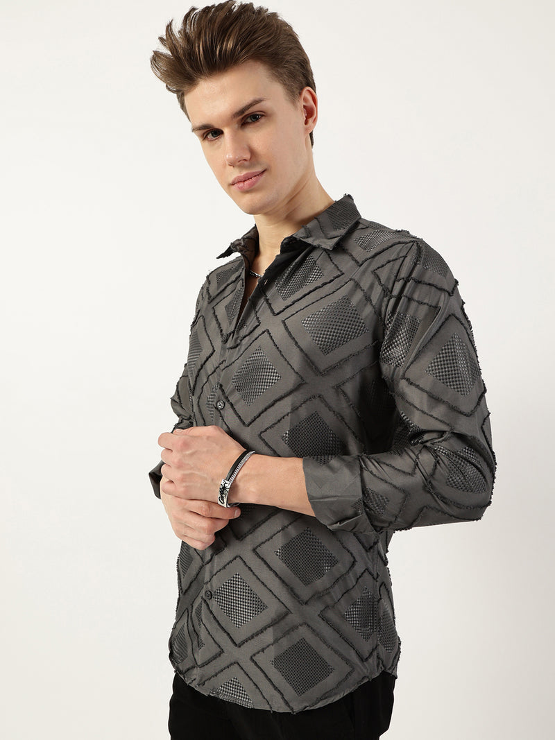 Thomas Scott Men Grey Premium Spread Collar Graphic Printed Slim Fit Casual Shirt