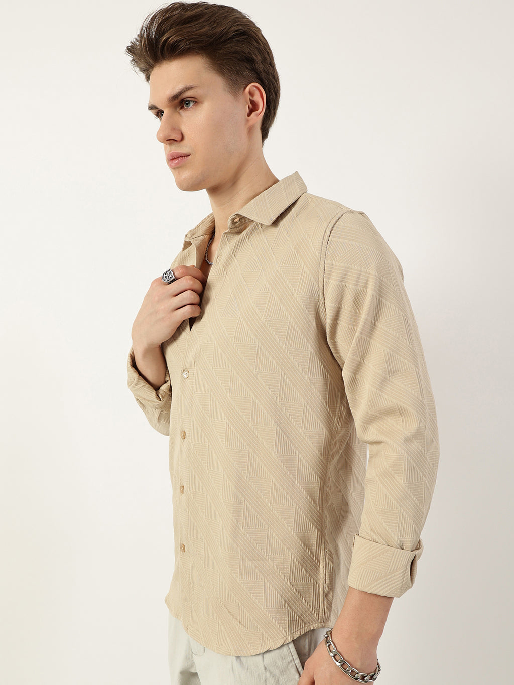 Thomas Scott Men Beige Premium Spread Collar Textured Solid Slim Fit Casual Shirt