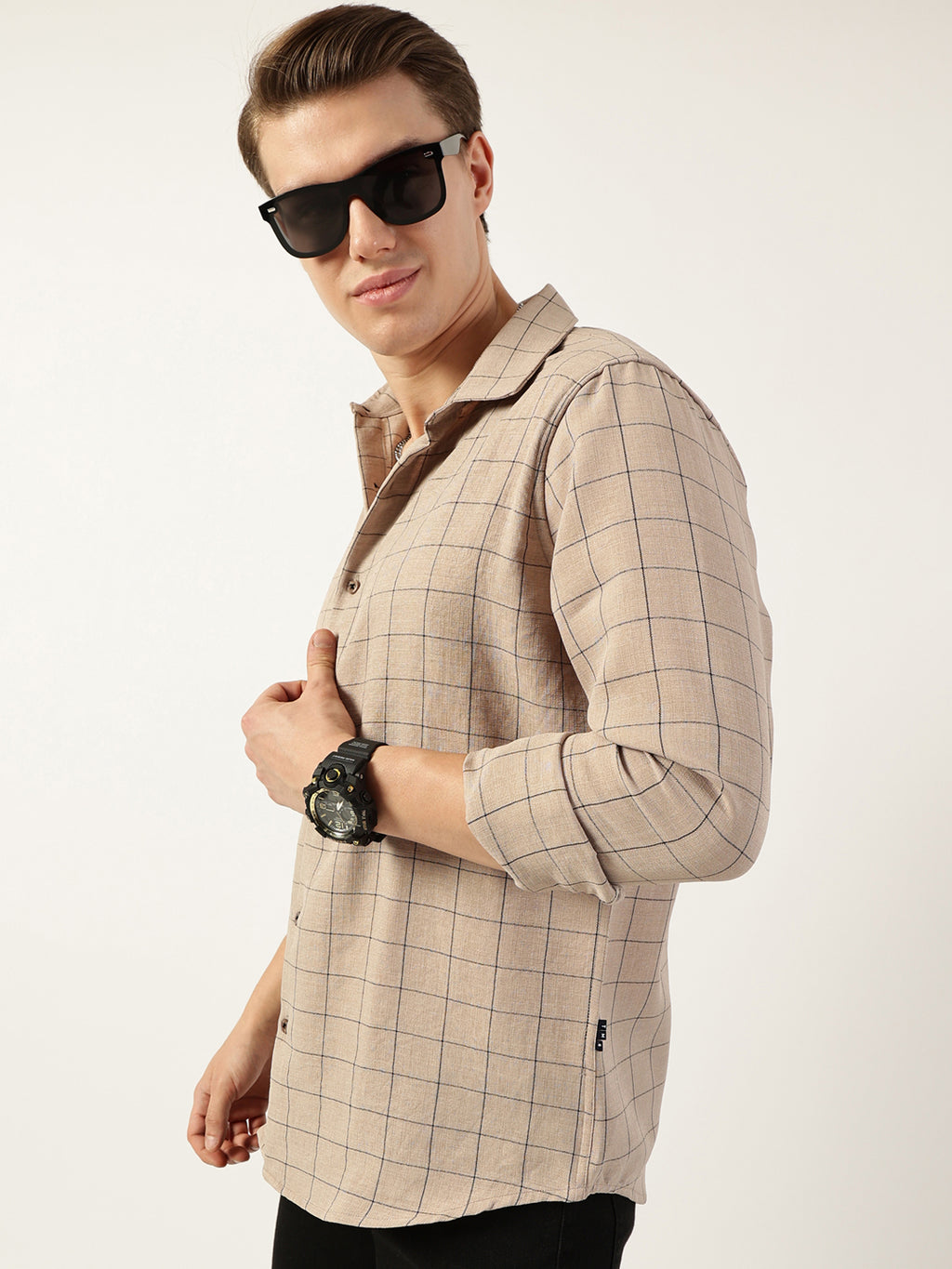 Thomas Scott Men Beige Smart Spread Collar Windowpane Checked Slim Fit Casual Shirt