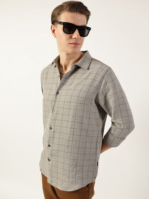 Thomas Scott Men Grey Smart Spread Collar Windowpane Checked Slim Fit Casual Shirt
