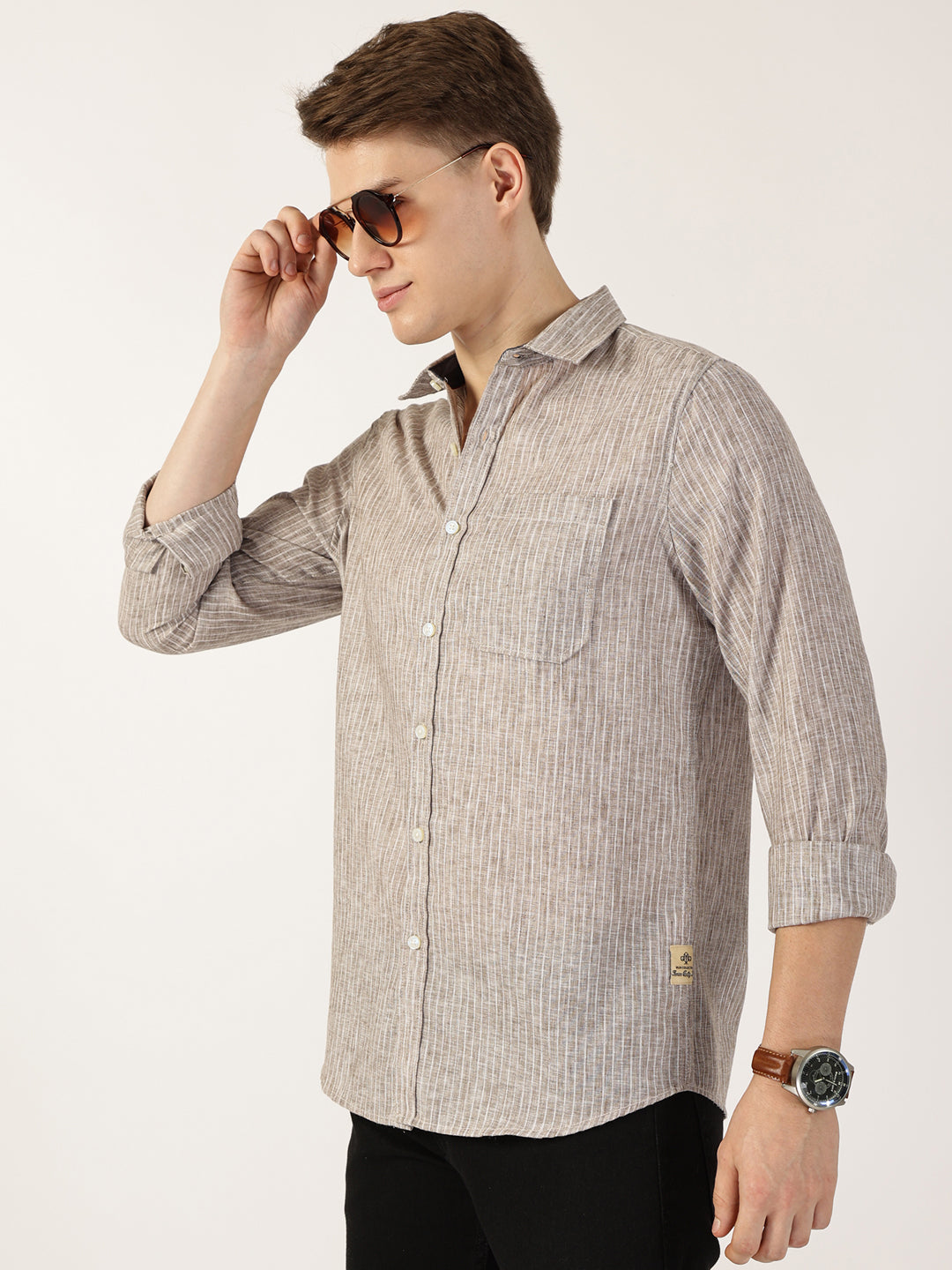Thomas Scott Men Brown Premium Slim Fit Opaque Striped Casual Shirt