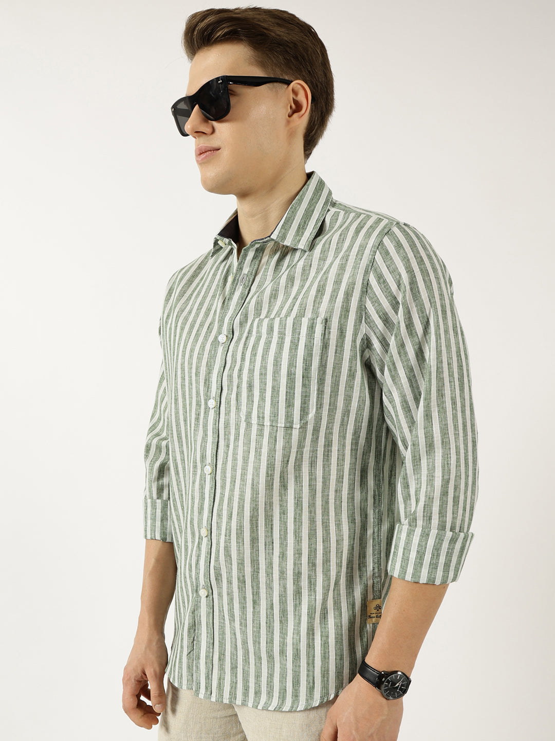 Thomas Scott Men Green Classic Slim Fit Opaque Striped Casual Shirt