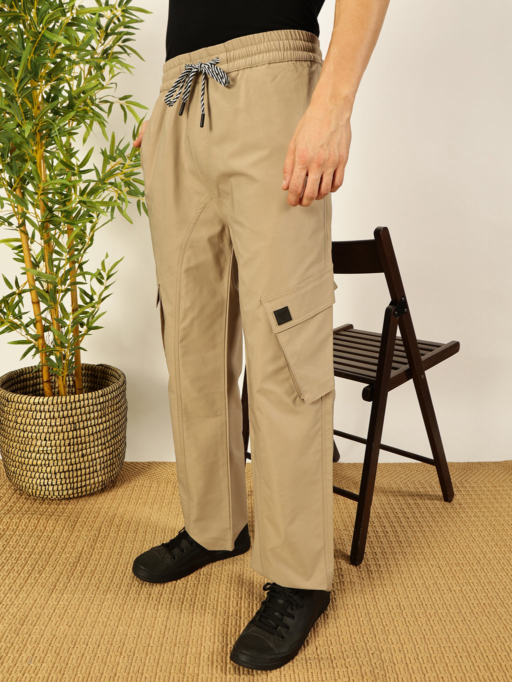 Thomas Scott Men Beige Smart Loose Fit Cargos Trousers