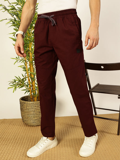 Thomas Scott Men Wine Cotton Smart Regular Fit Mid-Rise Joggers