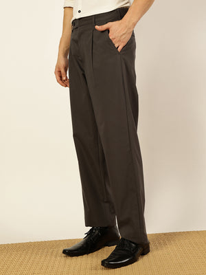 Thomas Scott Men Dark Grey Smart Pleated Mid-Rise Trousers