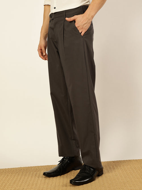 Thomas Scott Men Dark Grey Smart Pleated Mid-Rise Trousers