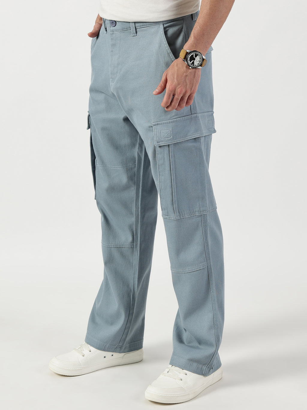 Thomas Scott Men Light Blue Relaxed Fit Mid-Rise Cargos Trousers