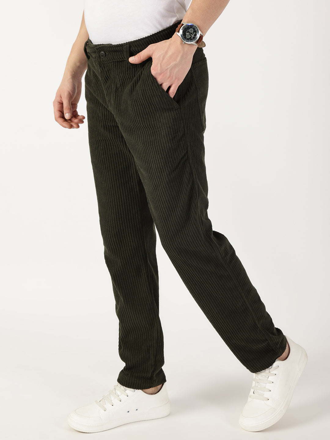 Thomas Scott Men Olive Striped Smart Cargos Trousers