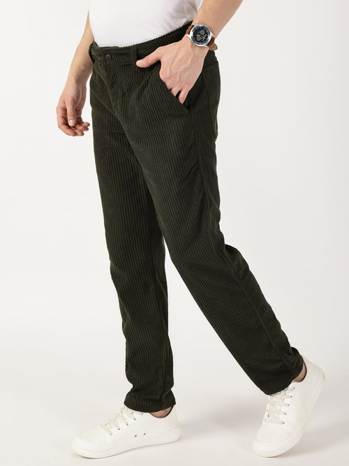 Thomas Scott Men Olive Striped Smart Cargos Trousers