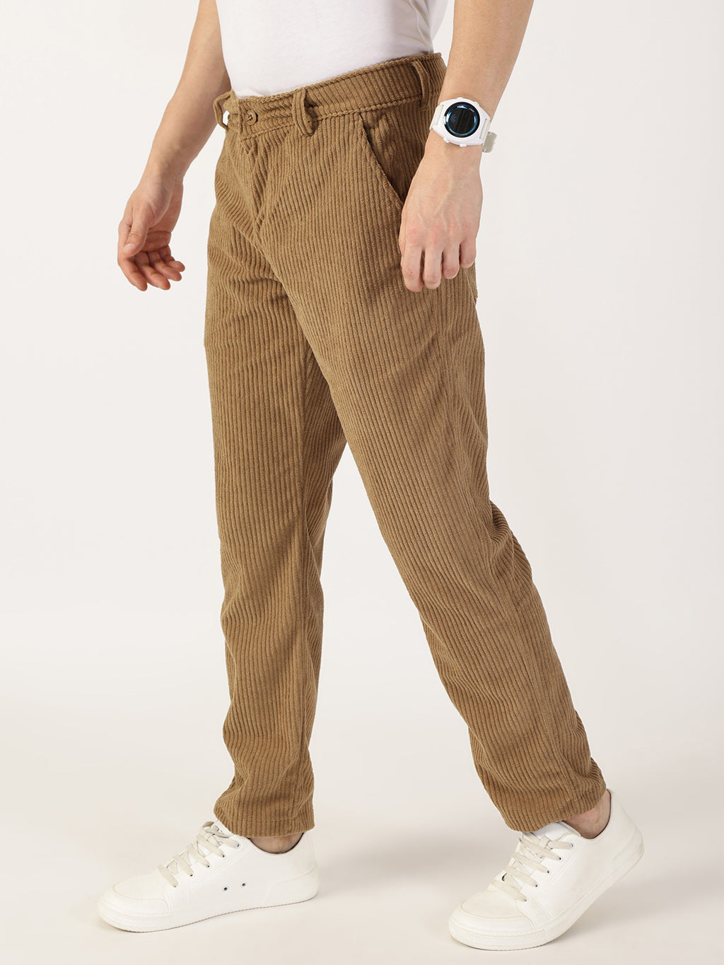Thomas Scott Men Brown Striped Smart Cargos Trousers