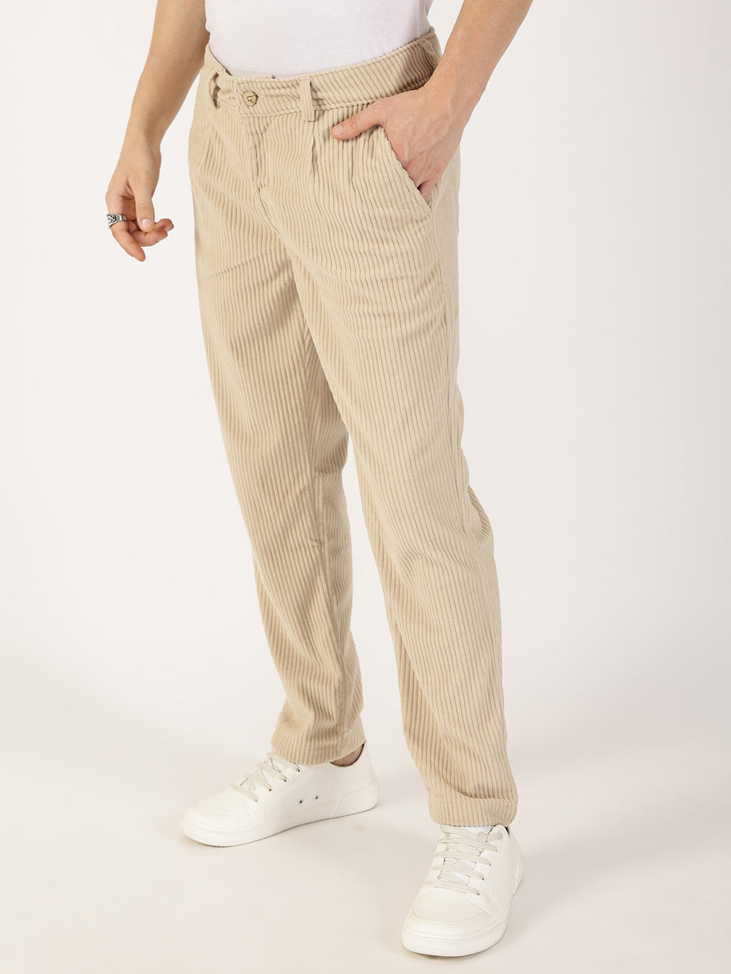 Thomas Scott Men Fawn Striped Smart Fit Chinos Trousers