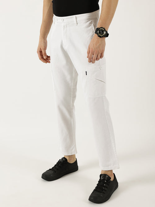 Thomas Scott Men White Pure Cotton Smart Mid-Rise Straight Fit Easy Wash Cargos