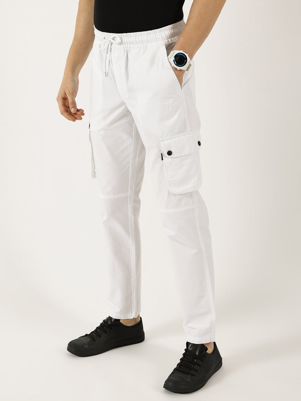 White Pure Cotton Smart Mid-Rise Straight Fit Easy Wash Cargos