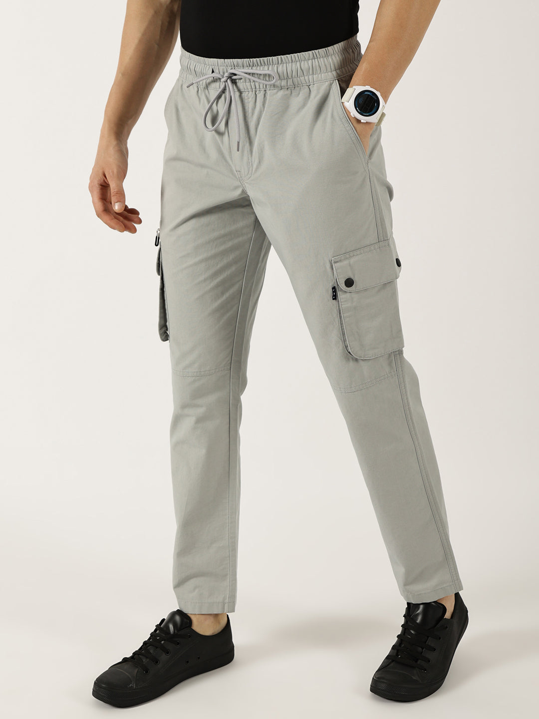 Thomas Scott Men Grey Cotton Smart Straight Fit Easy Wash Cargos Trousers