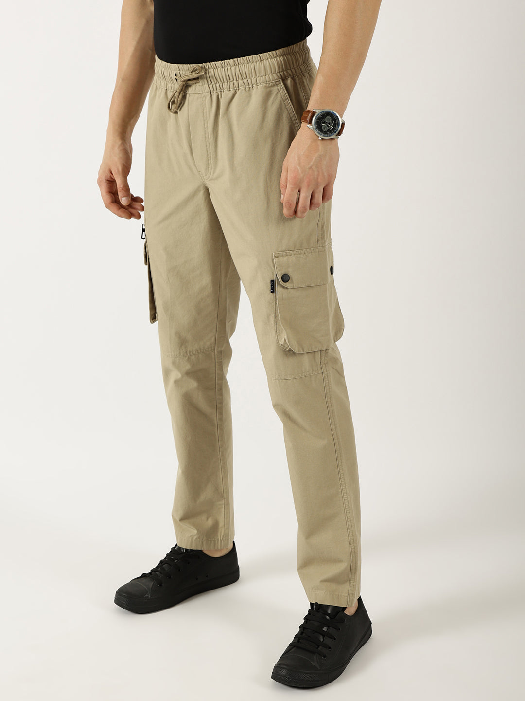 Thomas Scott Men Khaki Pure Cotton Smart Mid-Rise Straight Fit Easy Wash Cargos