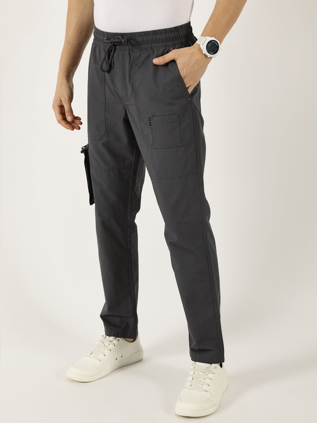 Thomas Scott Men Grey Cotton Regular Fit Smart Easy Wash Cargos Trousers