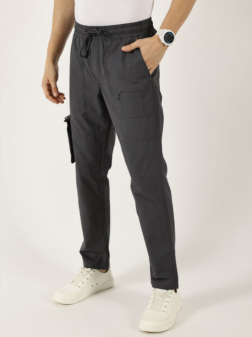 Thomas Scott Men Grey Cotton Regular Fit Smart Easy Wash Cargos Trousers