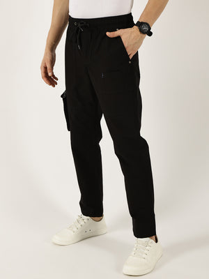 Black Cotton Solid Smart Easy Wash Cargo Trousers