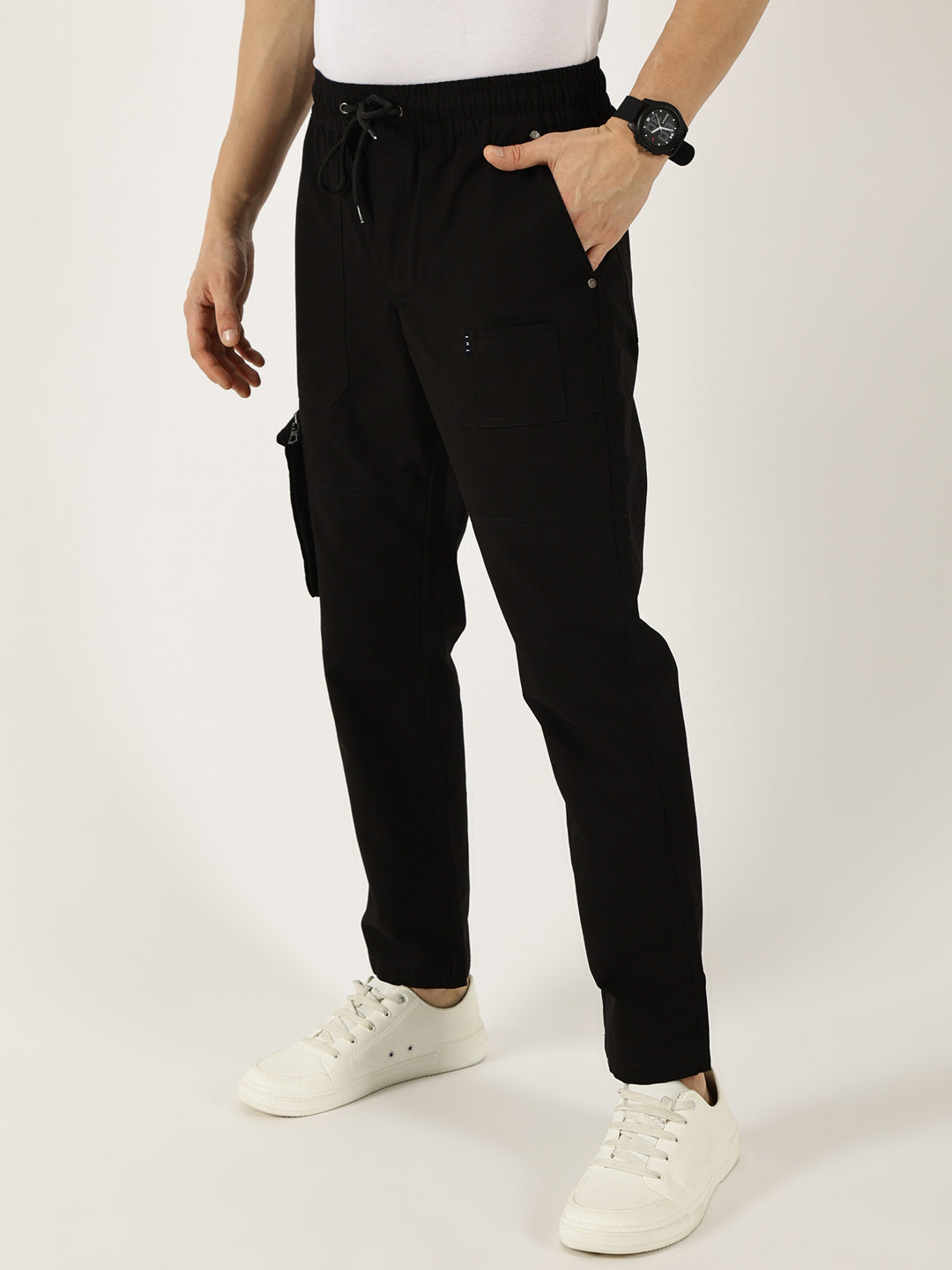 Black Cotton Solid Smart Easy Wash Cargo Trousers