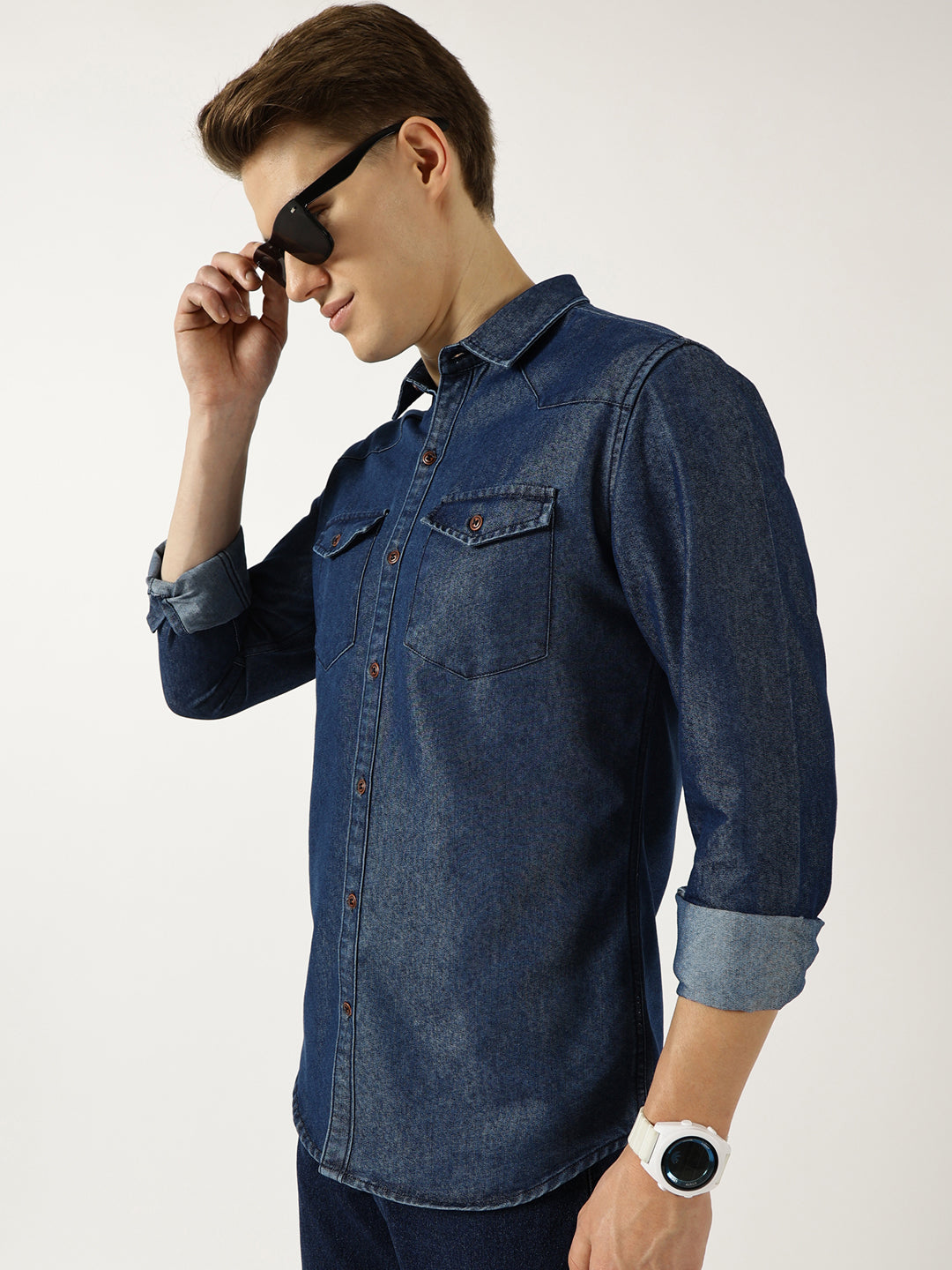 Thomas Scott Men Indigo Classic Spread Collar Faded Cotton Slim Fit Casual Shirt