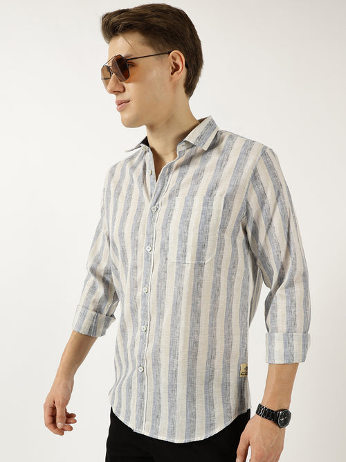 Thomas Scott Men Navy Classic Spread Collar Vertical Striped Linen Slim Fit Casual Shirt