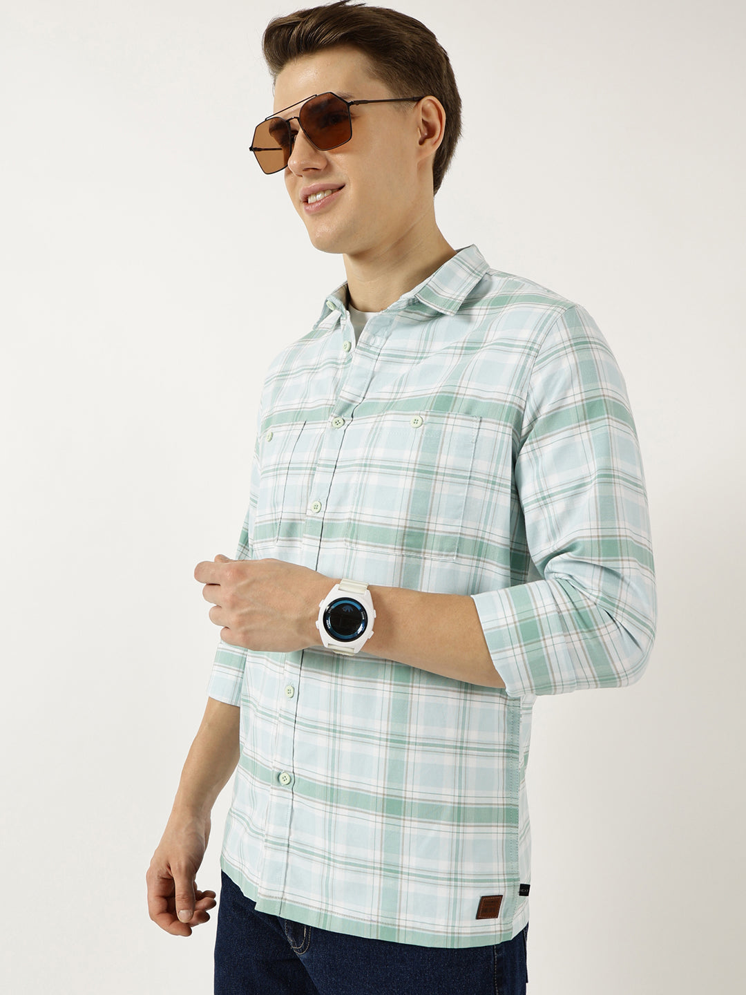 Thomas Scott Men Green Classic Spread Collar Tartan Checked Cotton Slim Fit Casual Shirt