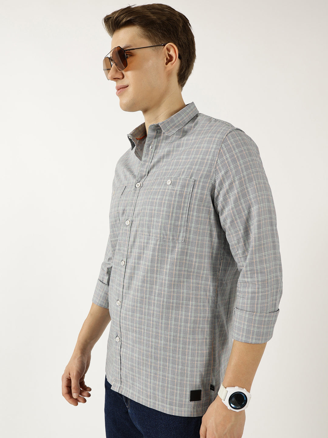 Thomas Scott Men Black Classic Spread Collar Micro Checked Cotton Slim Fit Casual Shirt