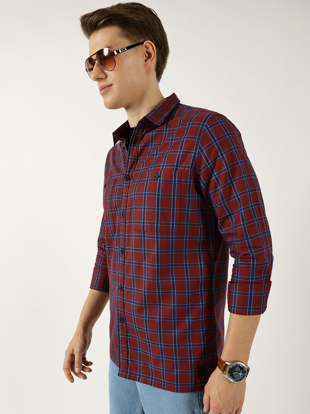 Thomas Scott Men Marron Classic Spread Collar Windowpane Checked Cotton Slim Fit Casual Shirt