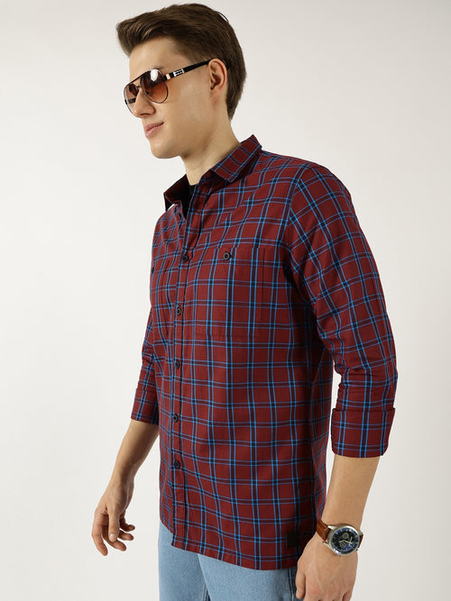 Thomas Scott Men Marron Classic Spread Collar Windowpane Checked Cotton Slim Fit Casual Shirt