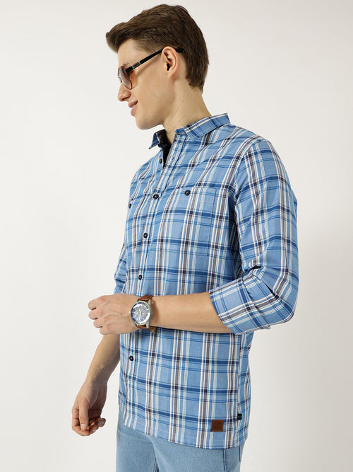Thomas Scott Men Blue Classic Spread Collar Tartan Checked Cotton Slim Fit Casual Shirt