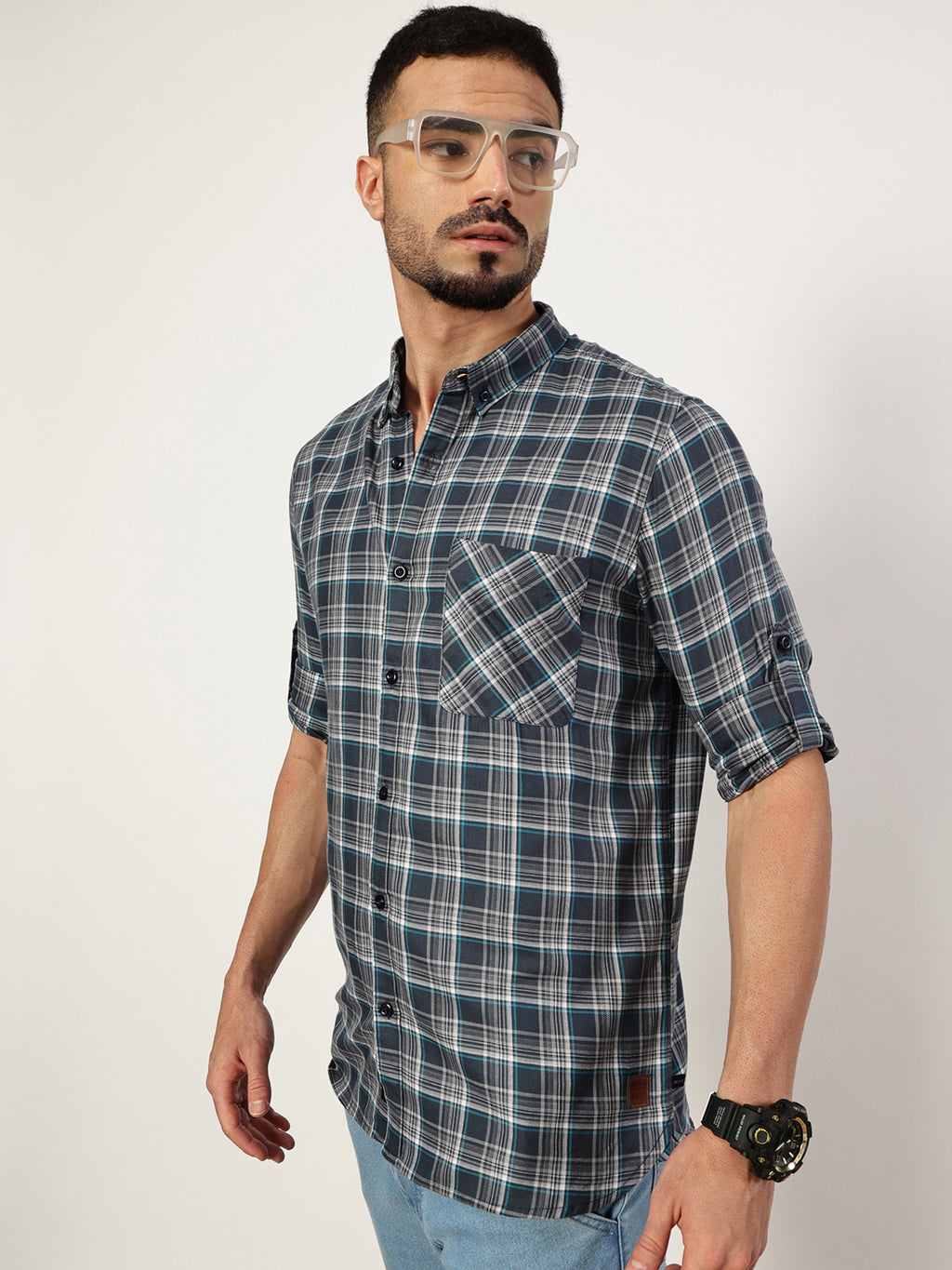 Thomas Scott Men Charcoal Premium Spread Collar Checked Cotton Slim Fit Casual Shirt
