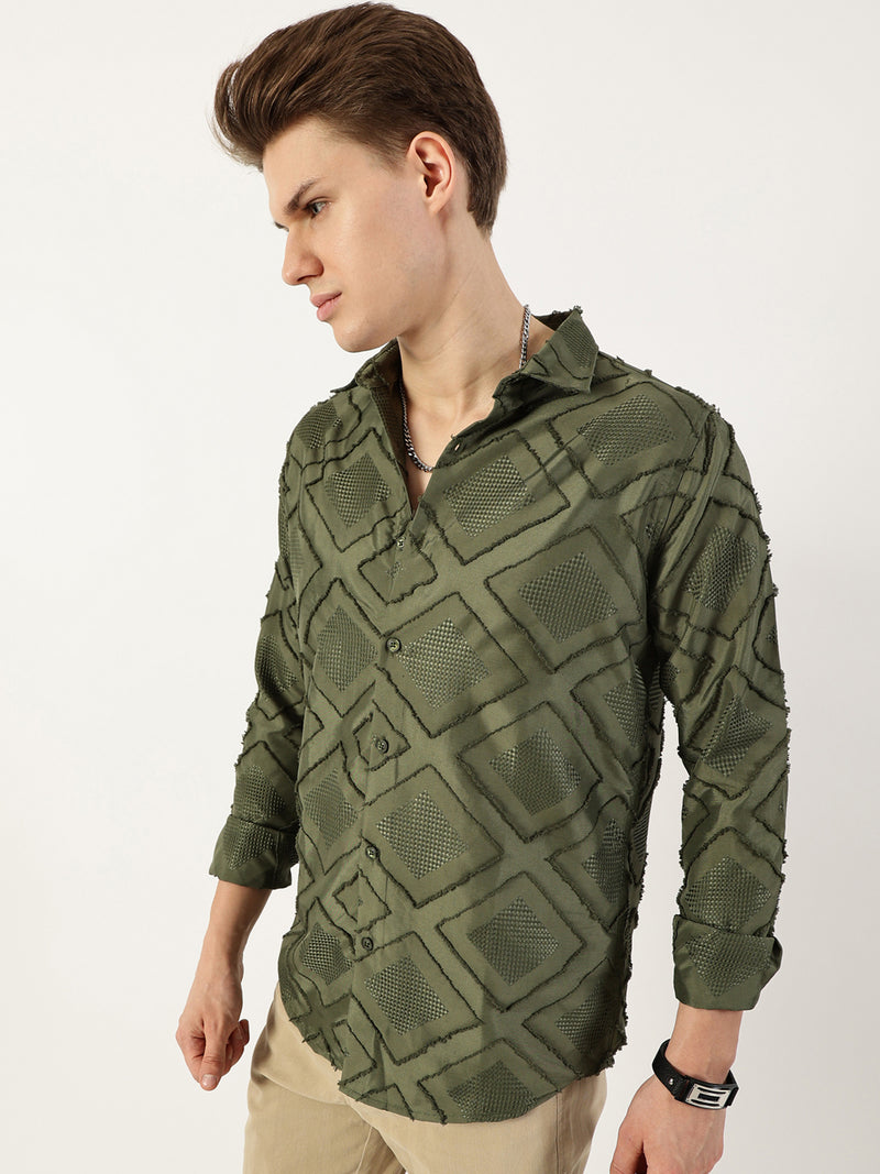 Thomas Scott Men Green Premium Spread Collar Graphic Printed Slim Fit Casual Shirt