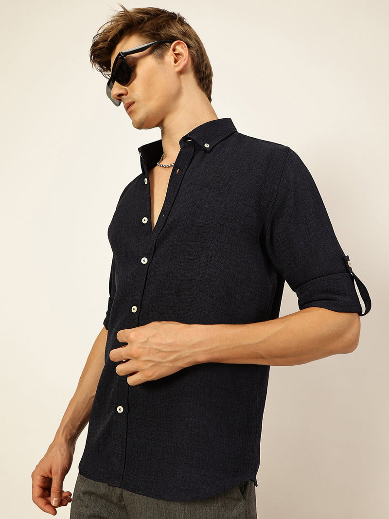 Thomas Scott Men Navy Slim Fit Long Sleeves Button-Down Collar Polyester Casual Shirt