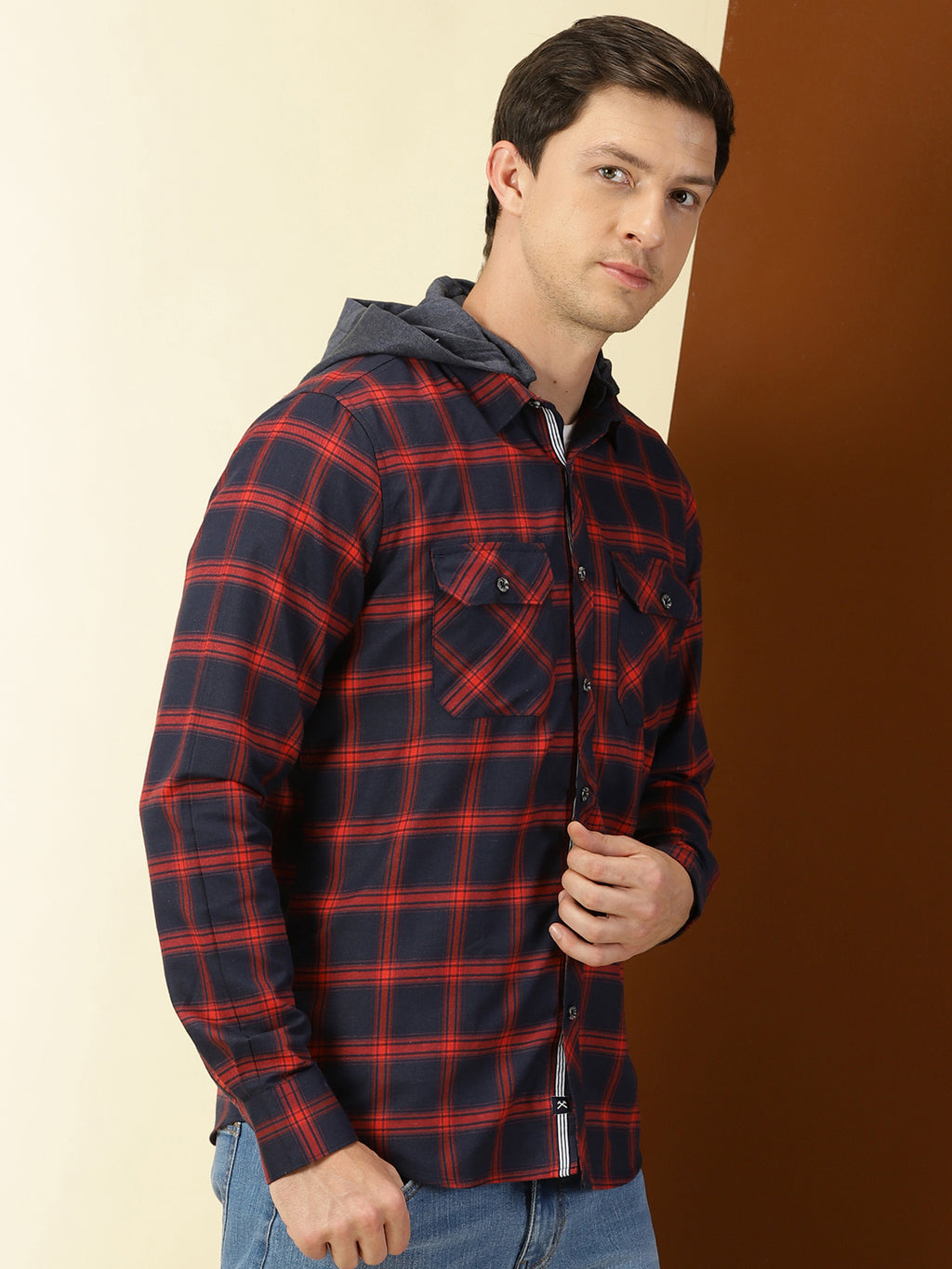 Thomas Scott Men Classic Hood Collar Tartan Checks Opaque Checked Casual Shirt