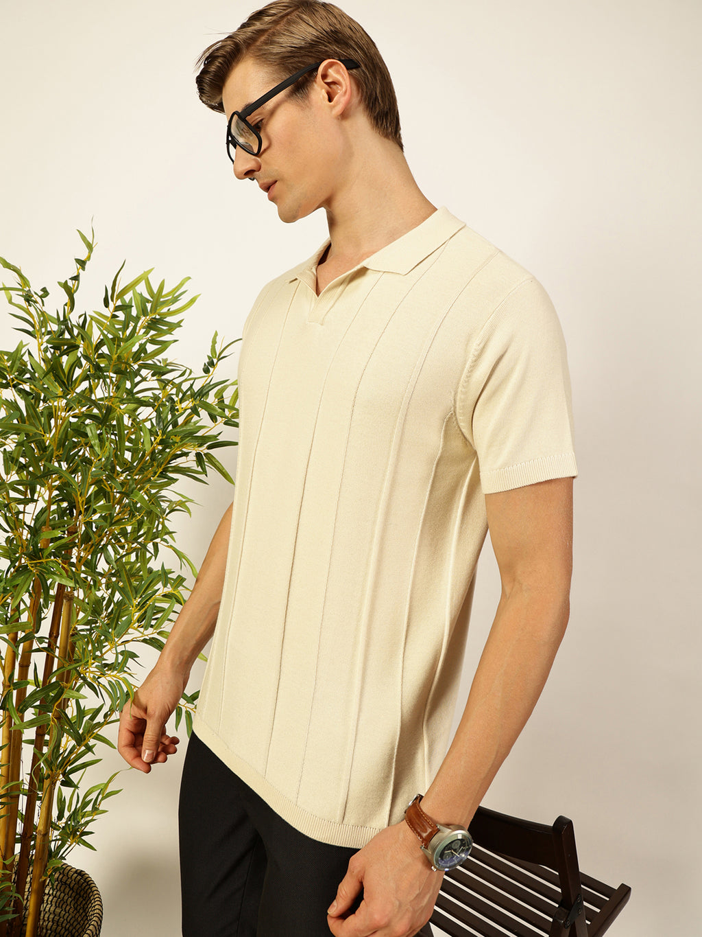 Thomas Scott Men Off White Knit Striped Polo Collar T-shirt