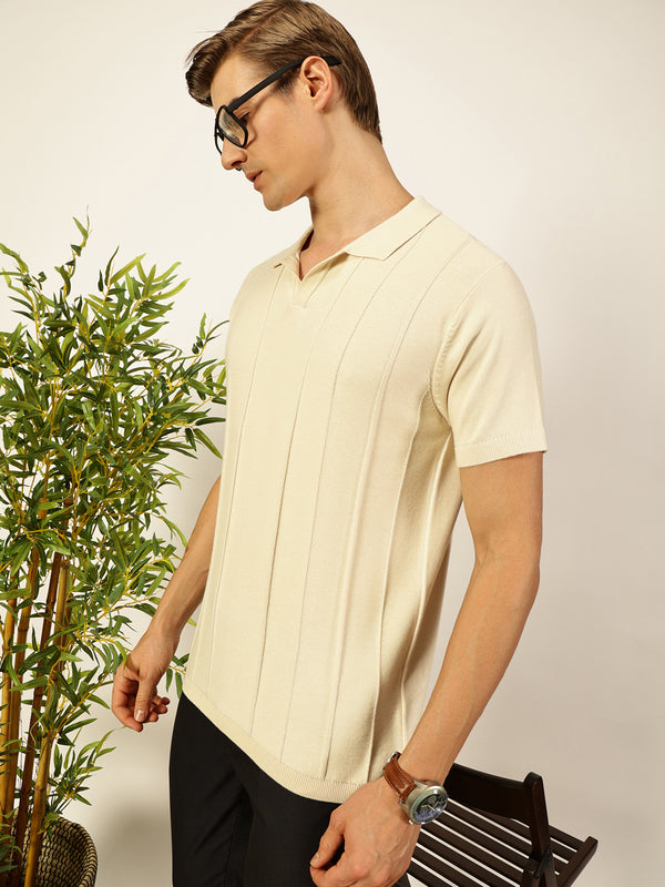 Thomas Scott Men Off White Knit Striped Polo Collar T-shirt