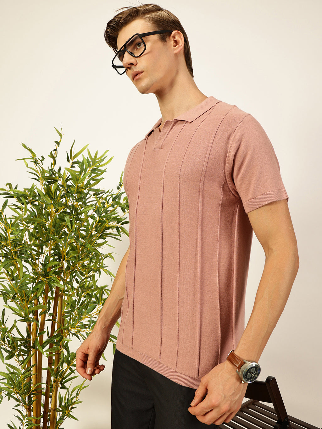 Thomas Scott Men Pink Knit Striped Polo Collar T-shirt