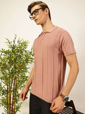 Thomas Scott Men Pink Knit Striped Polo Collar T-shirt