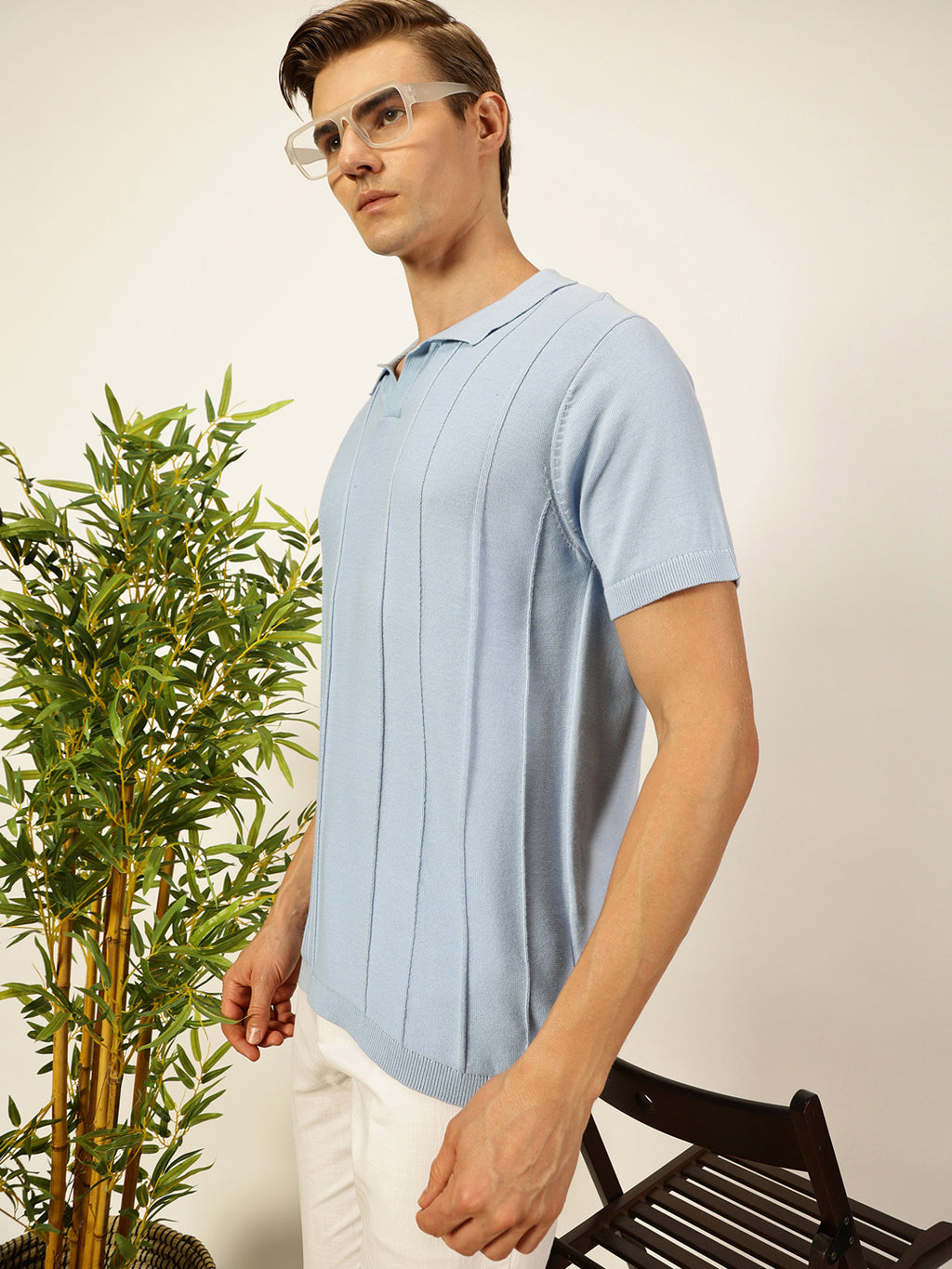 Thomas Scott Men Sky Blue Knit Striped Polo Collar T-shirt