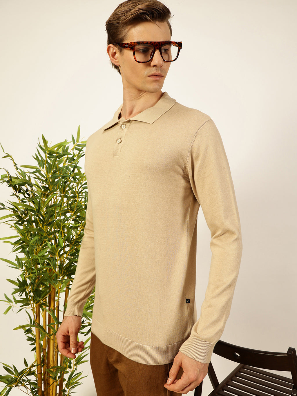 Thomas Scott Men Beige Knit Solid Polo Collar Cotton T-shirt